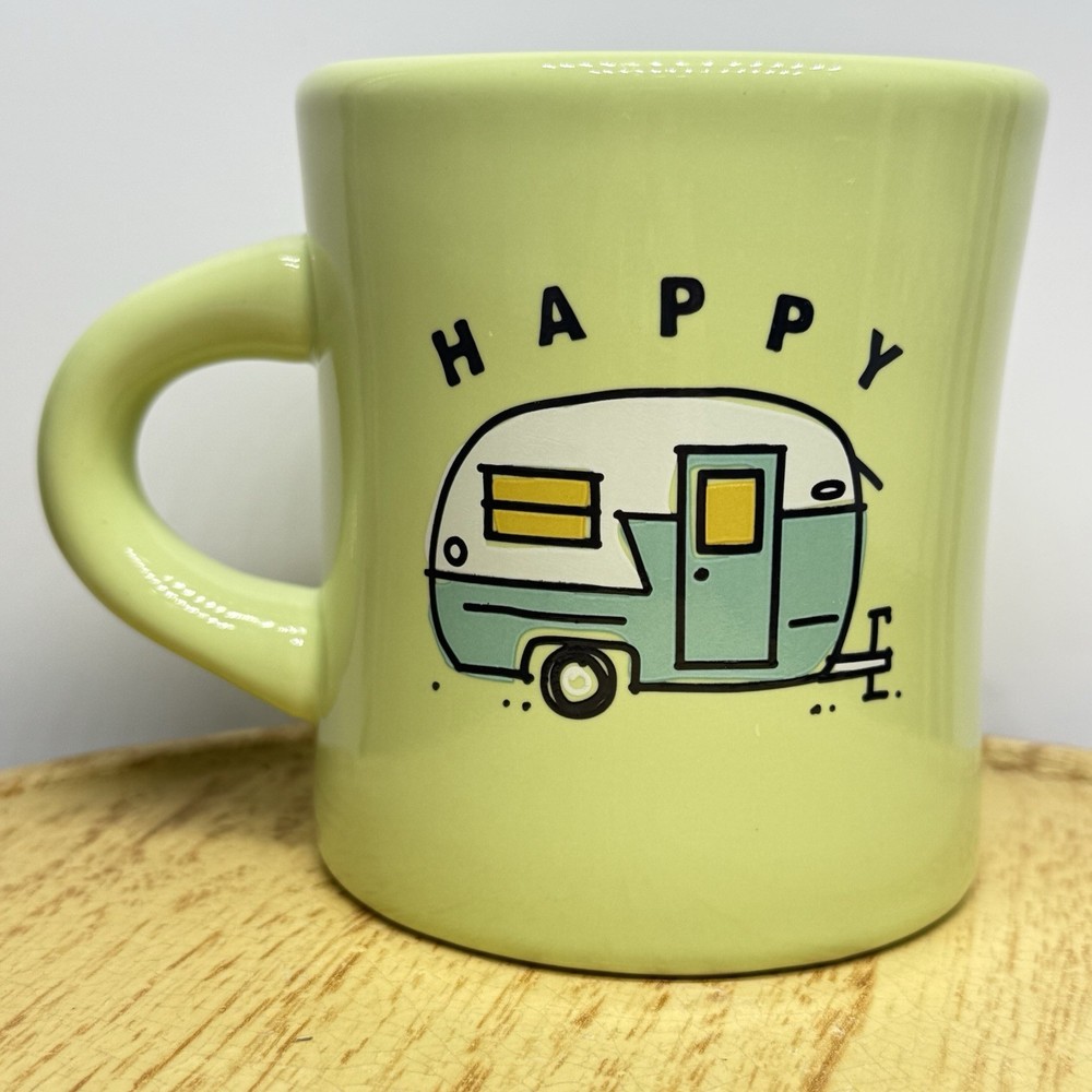 Life is Good Happy Camper Mug Lime Green Ceramic RV 12oz Restaurant