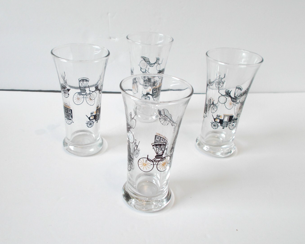 VTG Libbey Curio Line Cordial Liquor Shot Glasses MCM Set of 4 Carriages Buggies