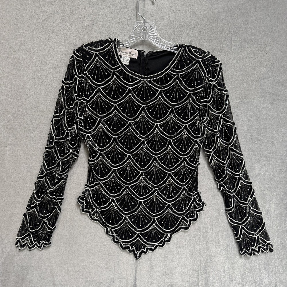 Vintage Laurence Kazar Blouse Womens Petite Small Black Beaded Silk Top Party