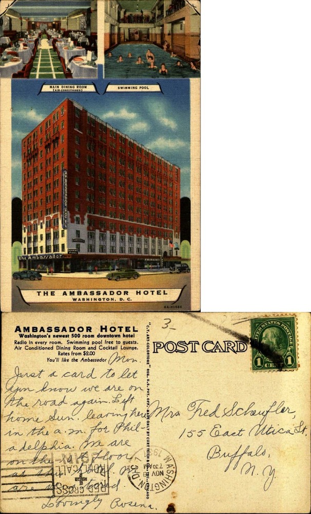 Ambassador Hotel dining room swimming pool Washington DC linen mailed 1937