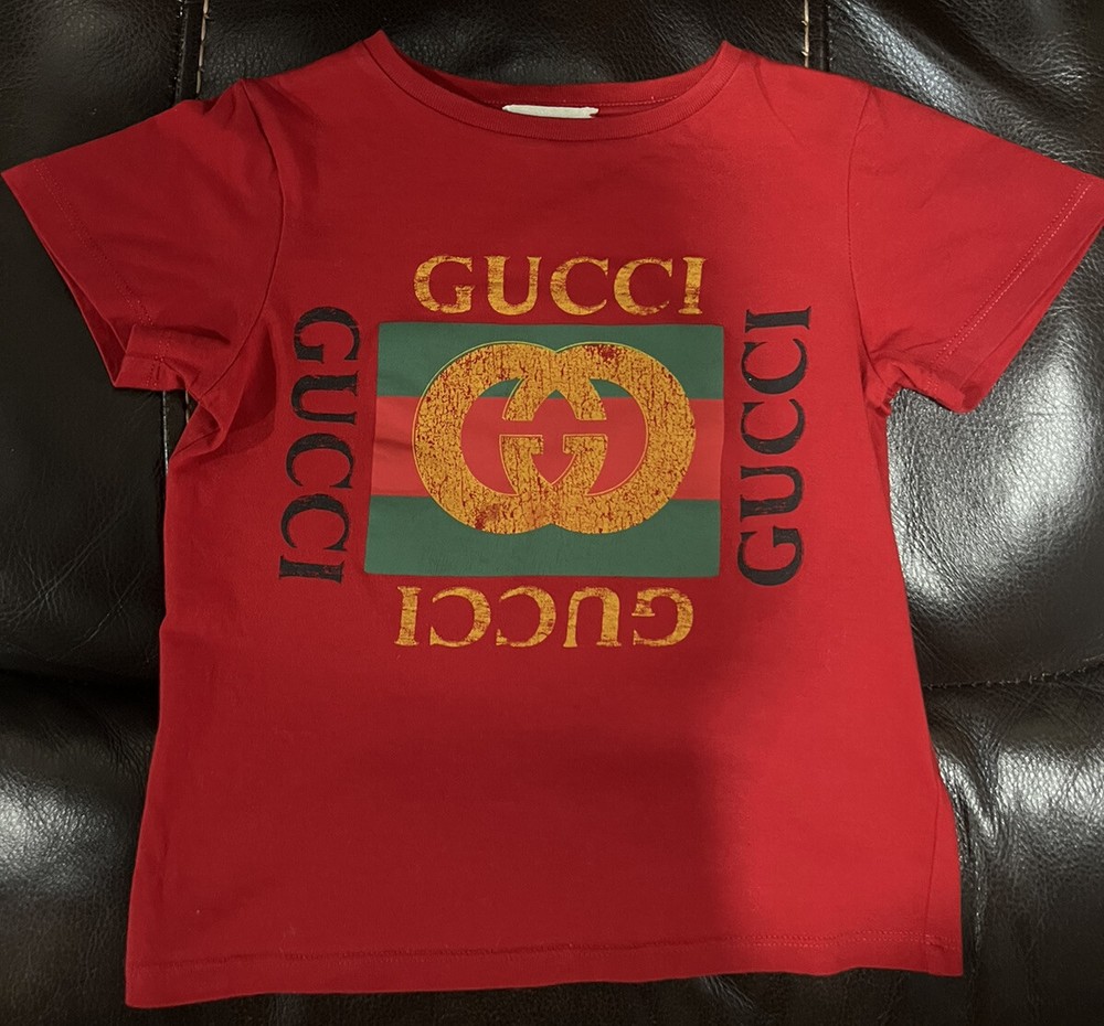 Gucci Kids 475740 X3G17 Boy's Sz 4 Years Red Cotton T-shirt w/ Gucci Logo EUC