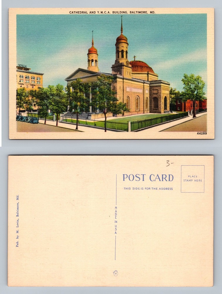 Baltimore, MD-Maryland, Cathedral and YMCA Building Street View Vintage Postcard