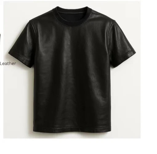 Men s Classic Style Black Leather T-Shirt In Genuine Lambskin Leather Shirt