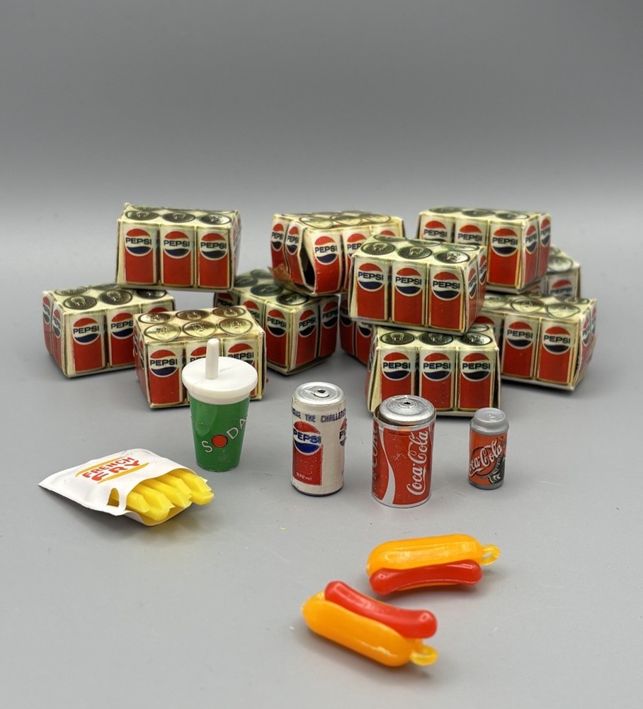 Barbie Doll Accessories Soda Cans Coke Pepsi Box Cardboard 80's Mini Hot Dog