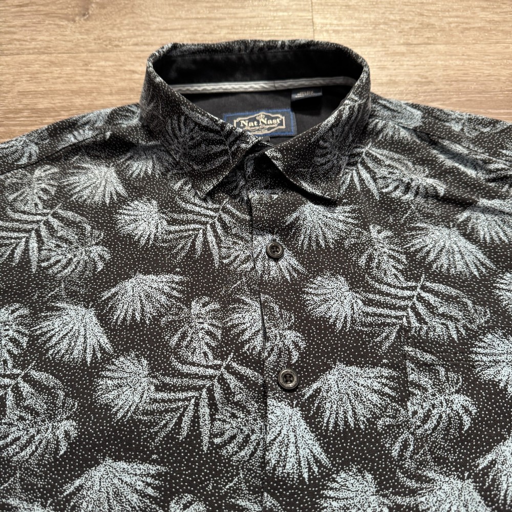Nat Nast Shirt Mens Large Blue Floral Silk Blend Short Sleeve Hawaiian Button Up