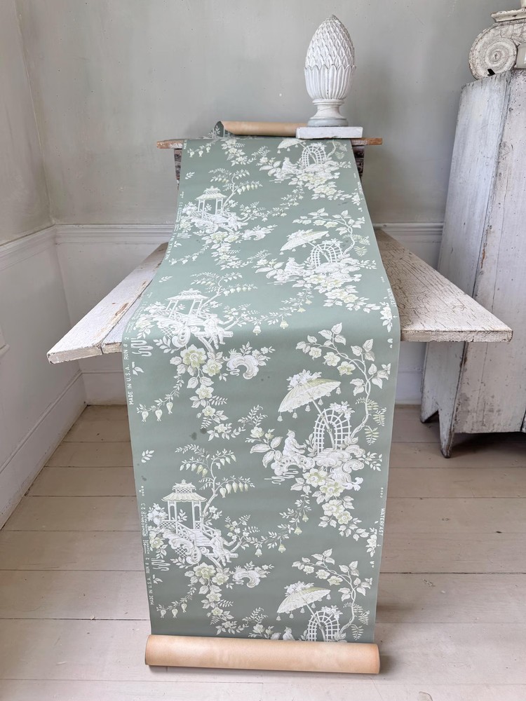 3.8 yds American chinoiserie wallpaper panel vintage roll pagoda umbrella sage