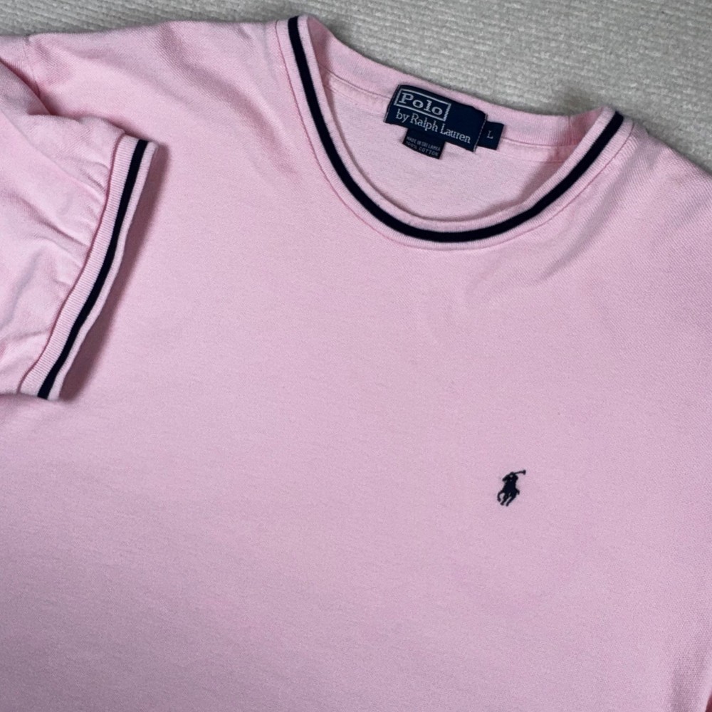 Polo Ralph Lauren Shirt Men Large Pink Ringer Crew Neck Pique Cotton Logo