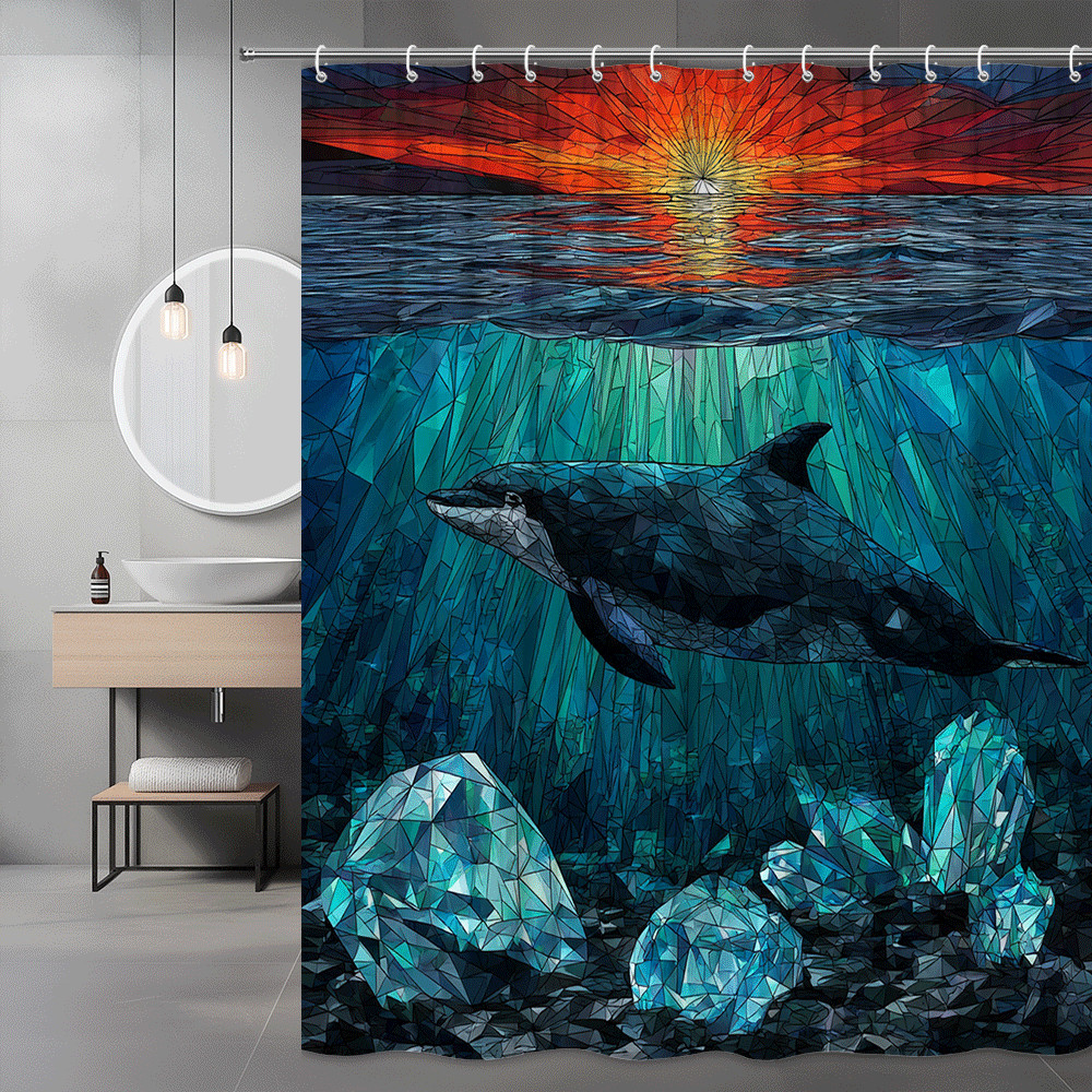 Dolphin Ocean Sunset Shower Curtain Blue Underwater Graphic