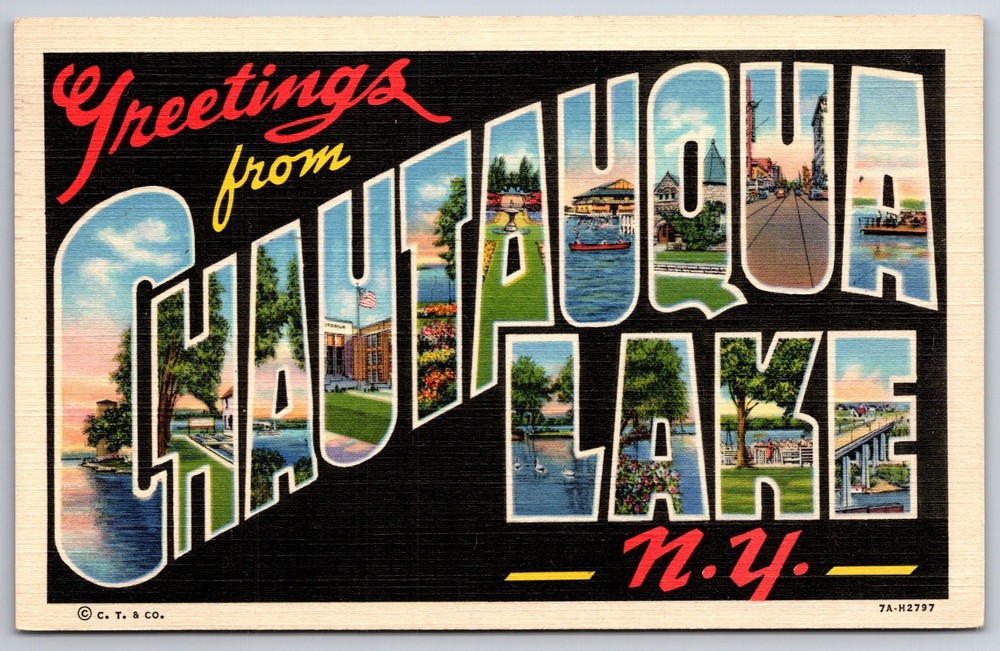Greetings From Chautauqua Lake New York~Bridge~Large Letter Linen 1945 Postcard