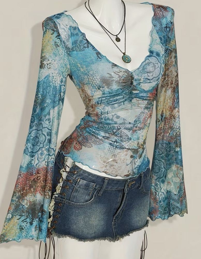 Women’s Sheer Mesh Floral Blouse Multicolor V-Neck Long Bell Sleeve One Size