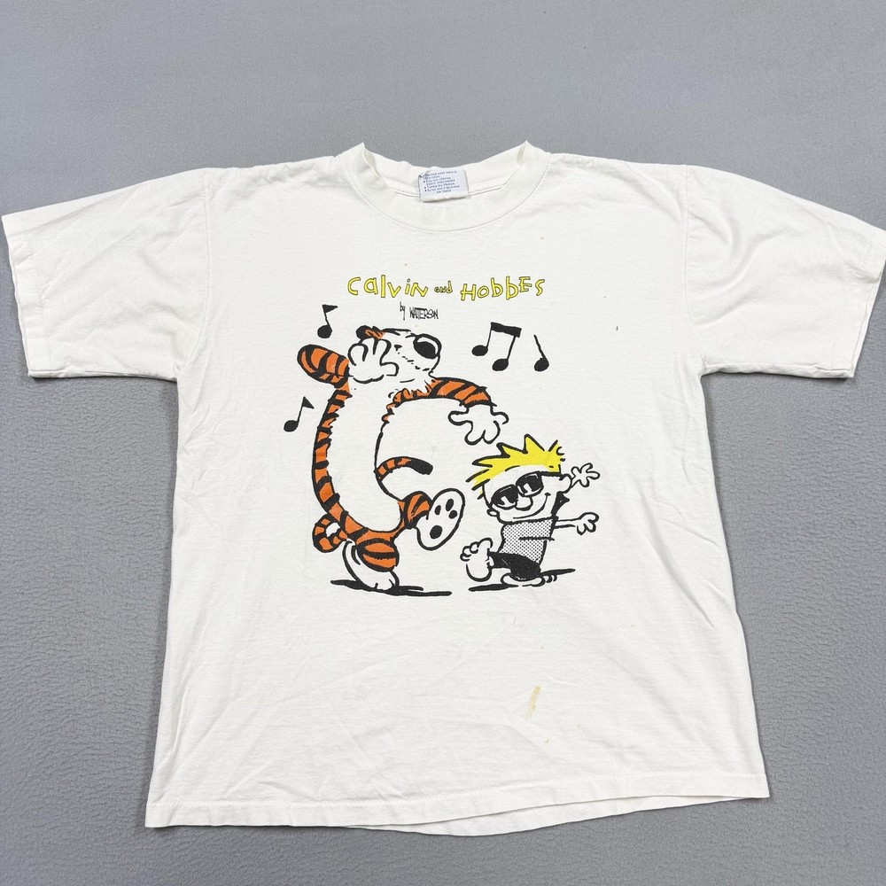 Vintage All Sport Shirt Mens Large White Calvin And Hobbes Graphic Tee 90s