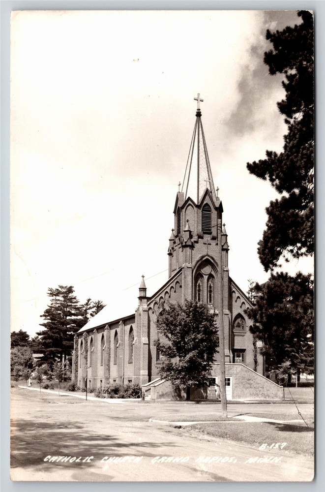 RPPC~Grand Rapids Minnesota~Street View Of Catholic Church~Real Photo Postcard