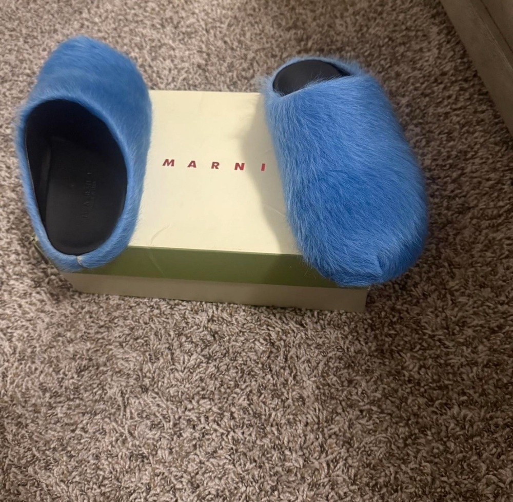 Marni-Like Navy Black/Dark Blue Fur Slides Size 10 US