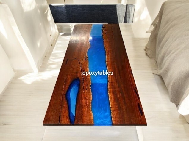 30x48 Inch Blue Epoxy Resin Farmhouse Dining Table Wooden Furniture