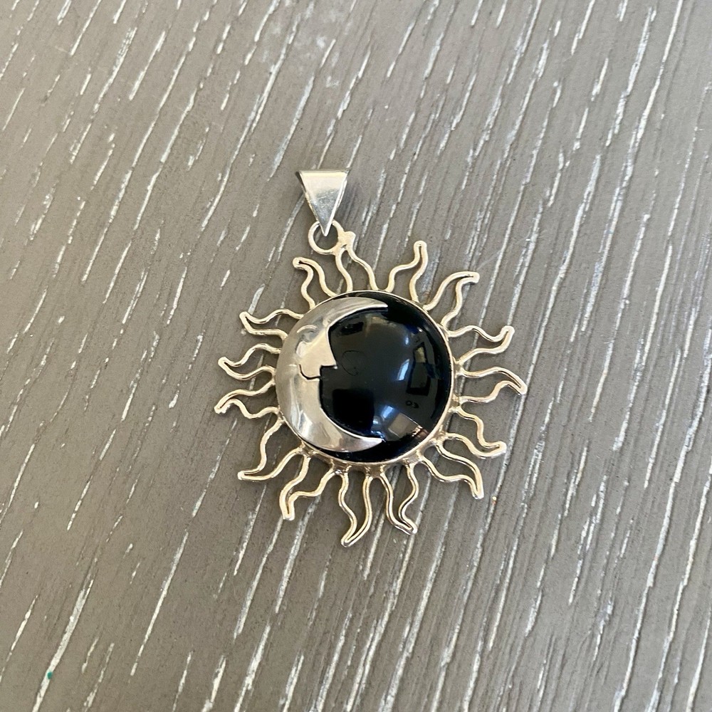 Vintage Pendant Sun Moon Sterling Silver Mexico 925  Black Onyx Celestial
