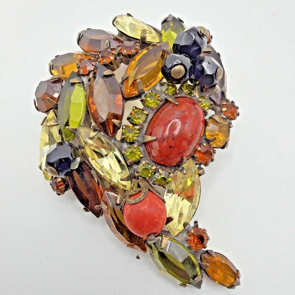 Vintage Alice Caviness Fall Season Brooch Glass Rhinestones Orange Yellow Green
