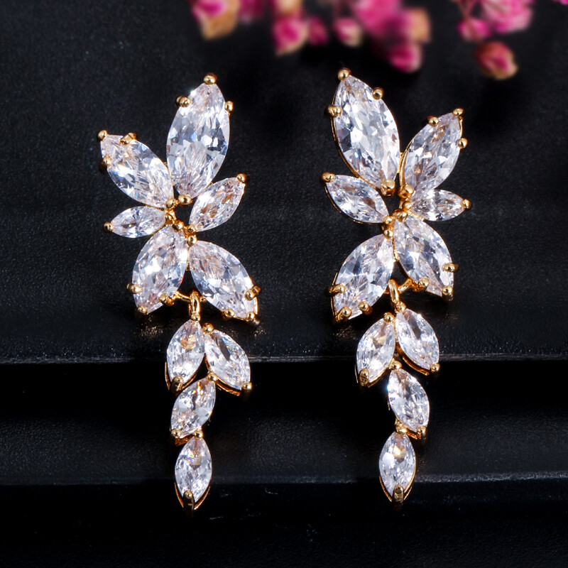 Yellow Gold Plated Marquise Cut Flower CZ Women Dangle Drop Earrings Jewelry