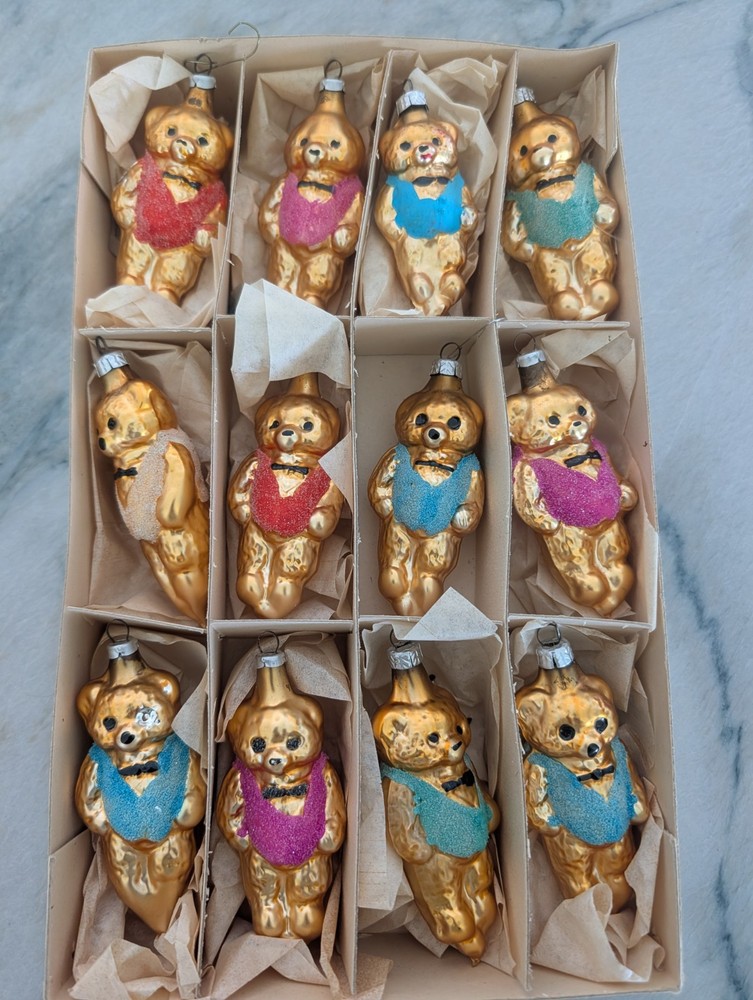 Vtg Democratic Republic German Glass Teddy Bear In Vest Ornaments Set Of 12