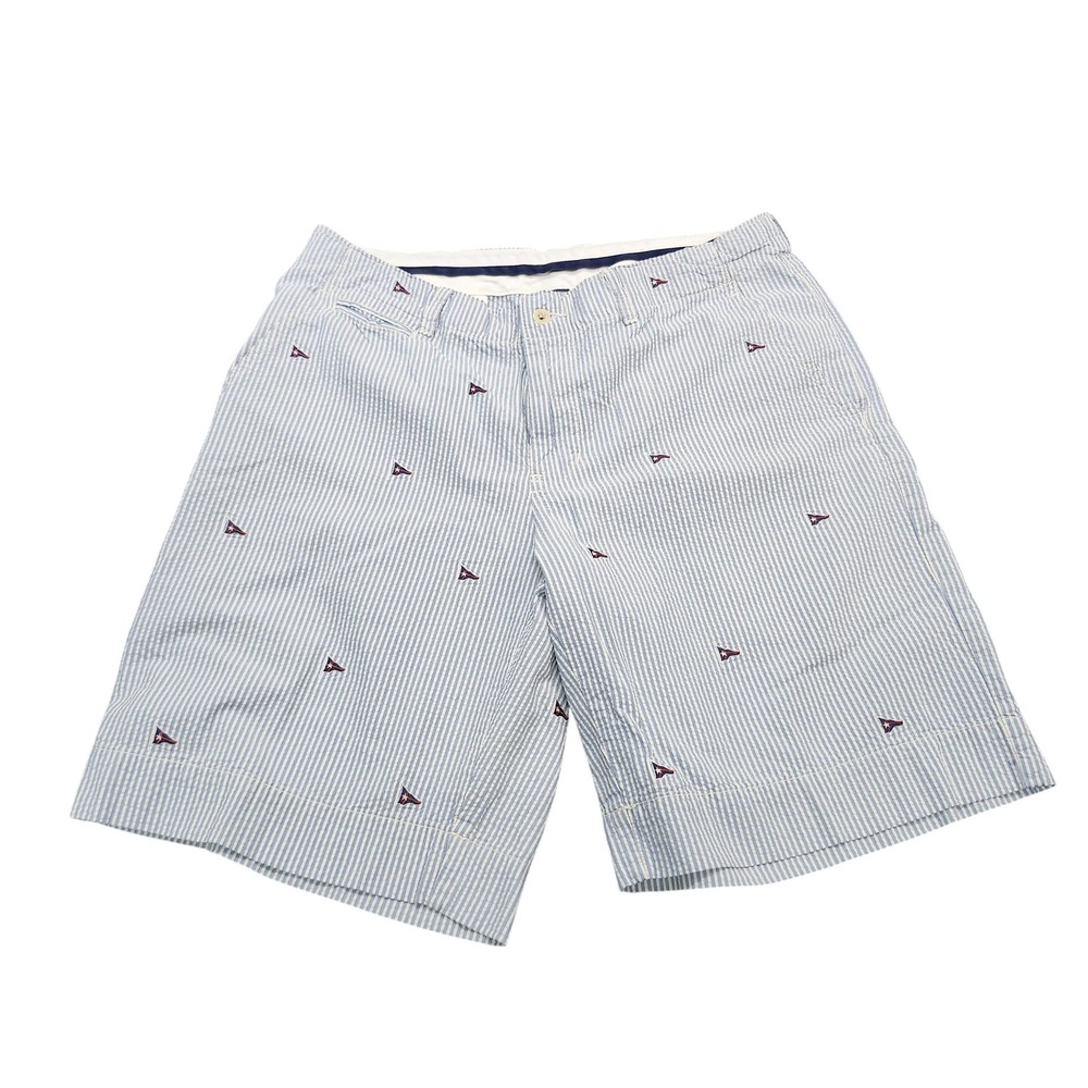 Seersucker Chino Shorts Mens 35 Blue Striped Embroidered Sailboat Nautical