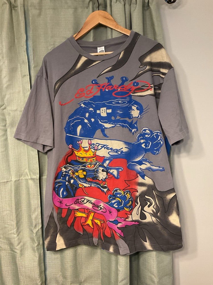 Ed Hardy Men's Short Sleeve T-Shirt Graphic All Over Print Size XXL