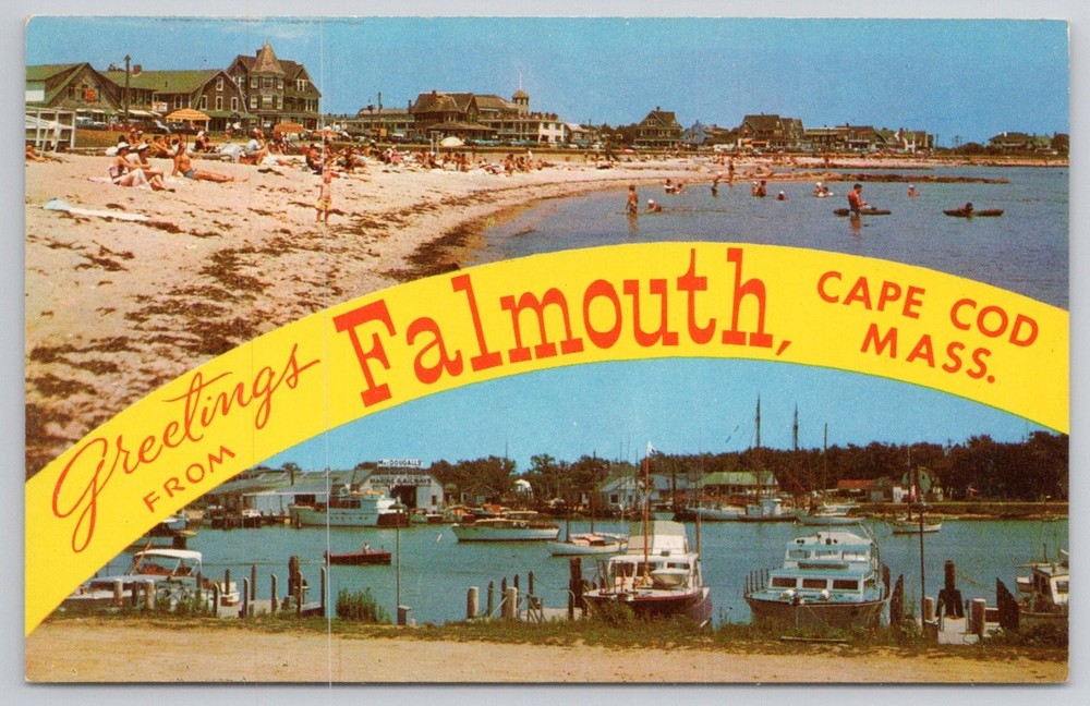 Vintage Falmouth Cape Cod MA Lusterchrome Beach Harbor Postcard Tichnor Bros