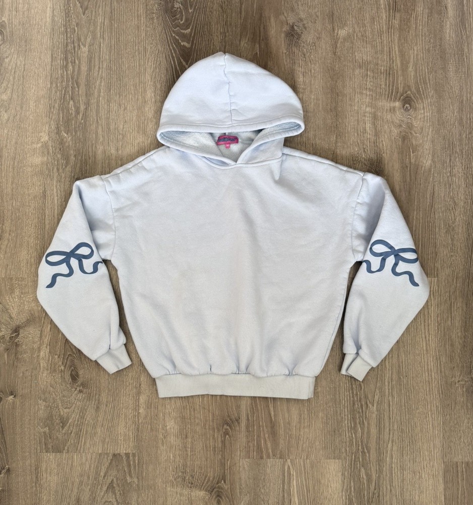 Edikted Light Blue Bow Sleeve Graphic Oversized Hoodie Sweatshirt XS Womens