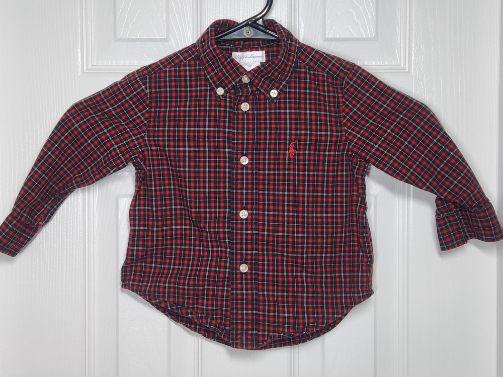 Ralph Lauren Baby Boys 12M Red Black Gingham Check Button Up Shirt Long Sleeve