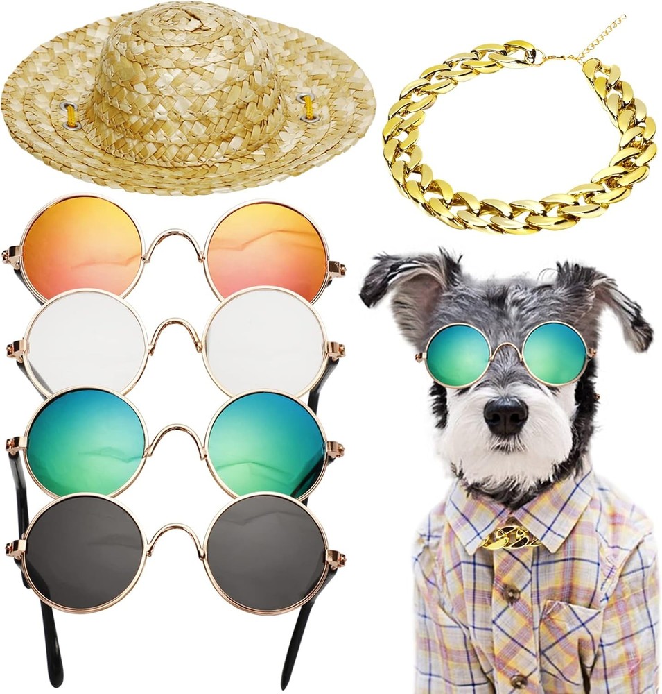 W&U 6PCS Pet Dog Cat Costume, Retro Pet Sunglasses