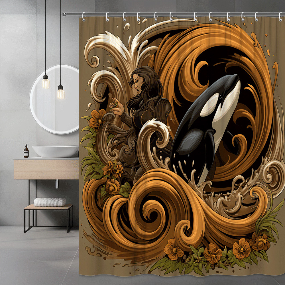 Orca and Woman Swirl Art Shower Curtain Brown Orange