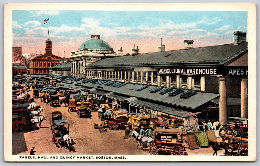 Faneuil Hall Quincy Market Boston MA Horse Carriages ANTIQUE Postcard 10252