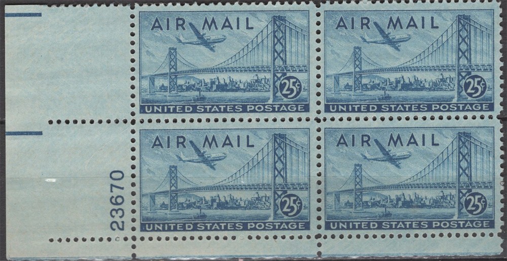 1947 SC# C36 25¢ San Francisco-Oakland Bay Bridge Mint NH Plate Block of 4 Stamps
