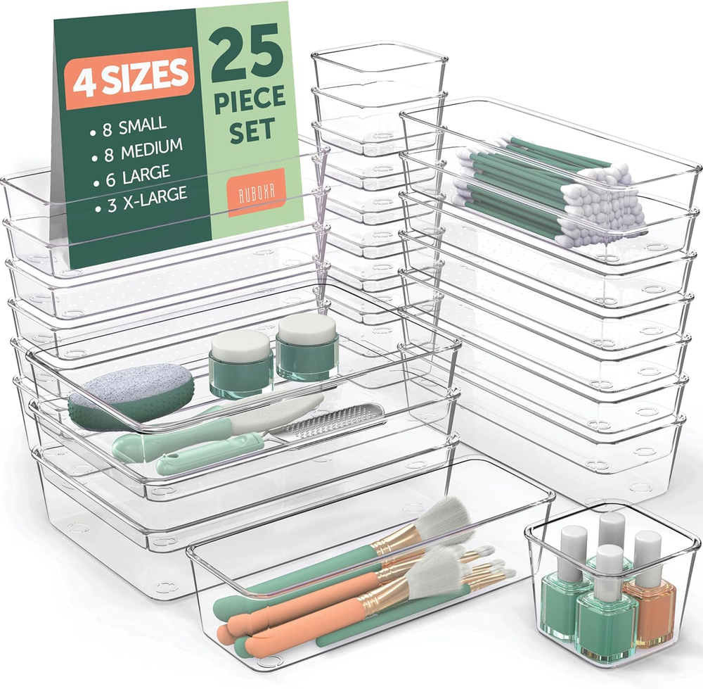 Clear Plastic Drawer Organizers Set, 4 Sizes Clear Drawer Organizers & Storage