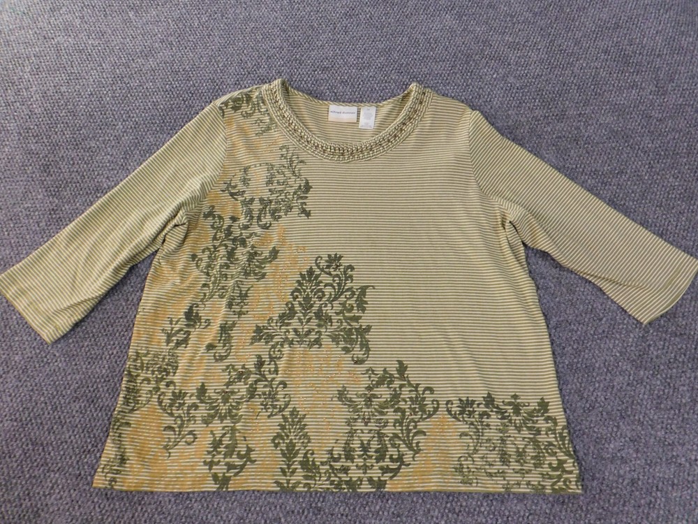 Alfred Dunner 2X top green striped pullover womens flroal v-neck casual