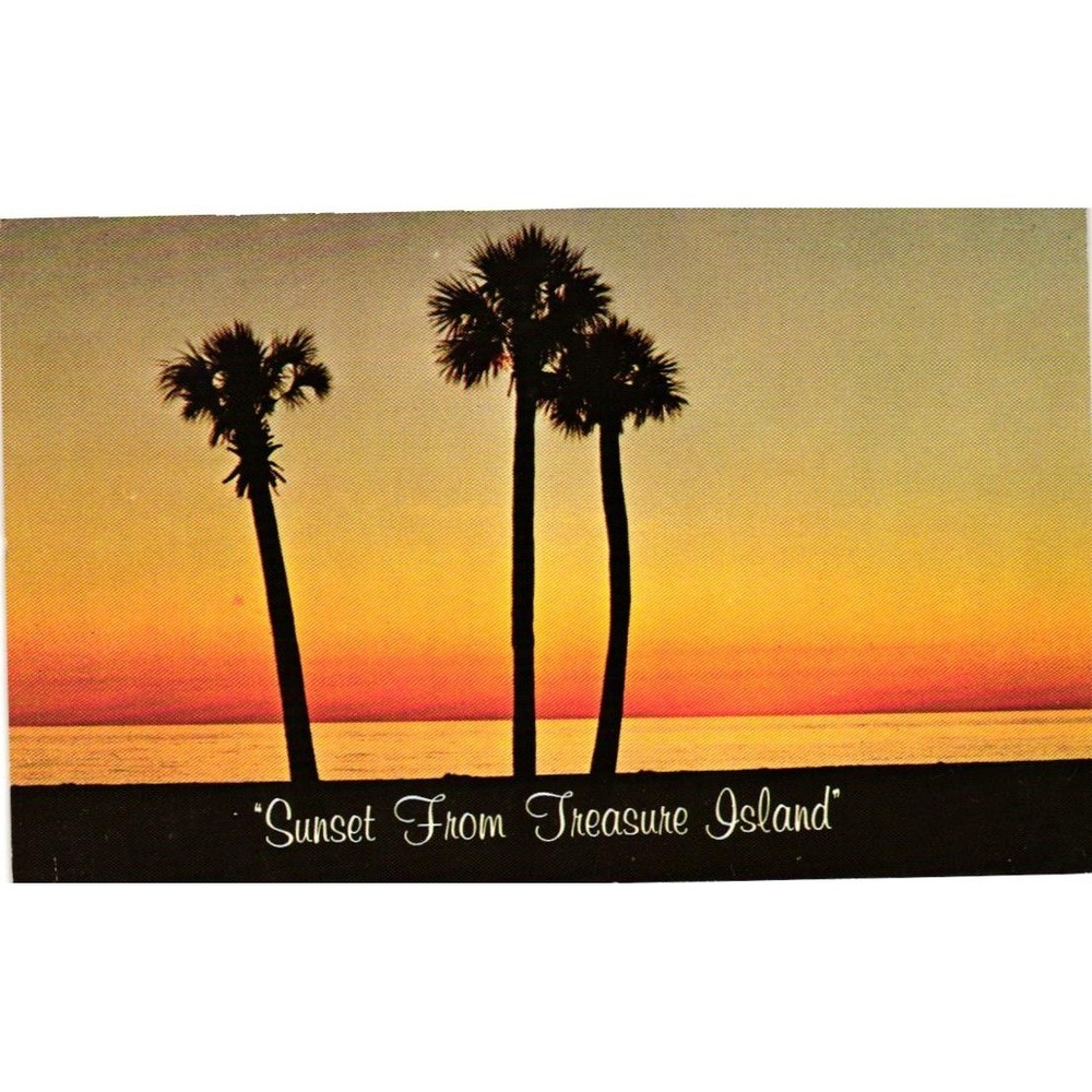 Treasure Island Florida Postcard Sunset Palm Trees Gulf of Mexico Vintage
