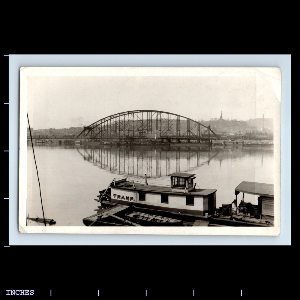 Old Vintage Photo LANDSCAPE TRAMP RIVERBOAT STEAMBOAT RIVER BRIDGE