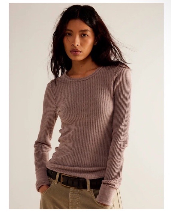 We The Free People Roll With It Thermal Small Lilac/Grey/Beige Thumbholes Waffle