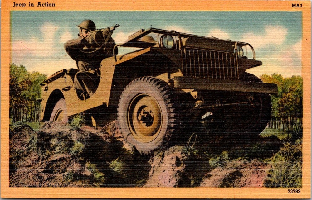 Dr Jim Stamps Postcard Military Jeep In Action Linen
