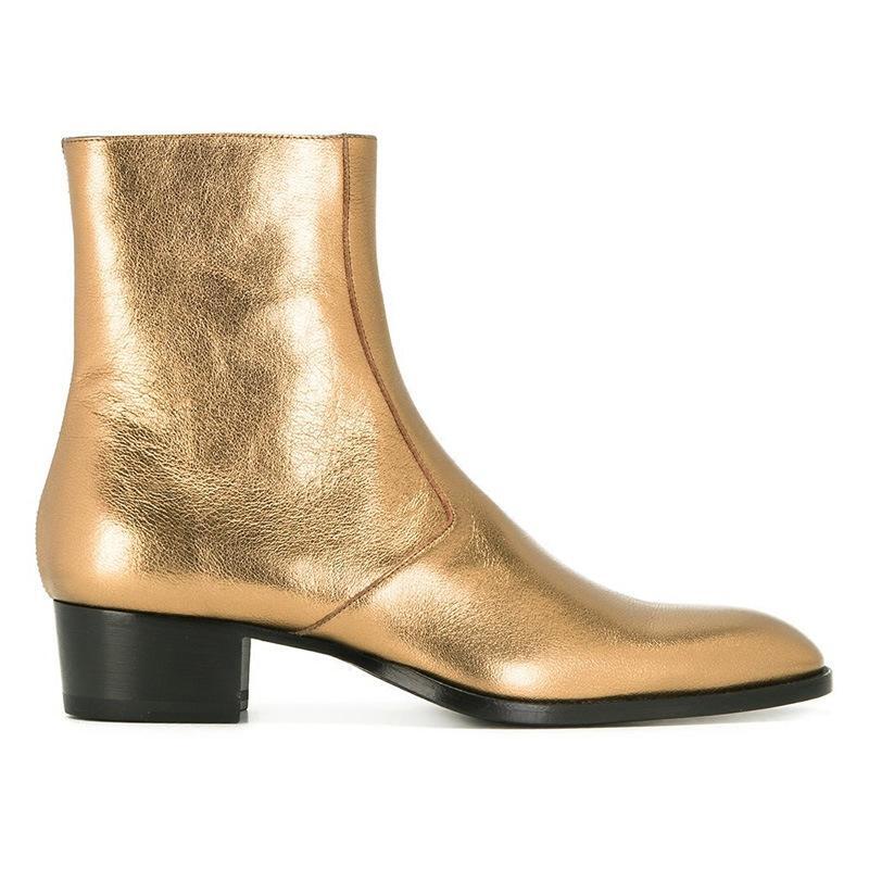 Men's Gold Leather Knight Chelsea Boots with Pointed Toe & Side Zipper