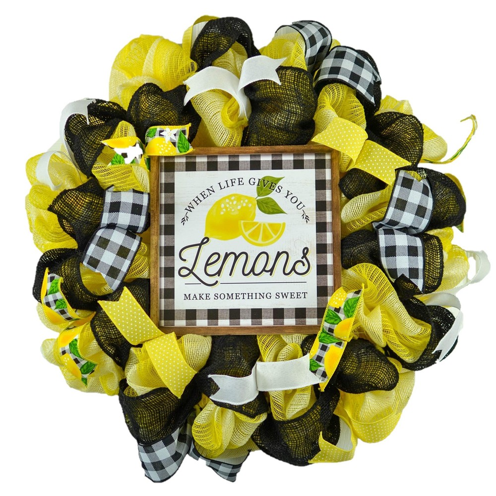 Lemon Wreath Spring Summer Welcome Deco Mesh Decor in Yellow Black Green White