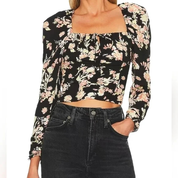 Free People Hilary Printed Top in Black Combo Boho Floral Print Cropped Size S