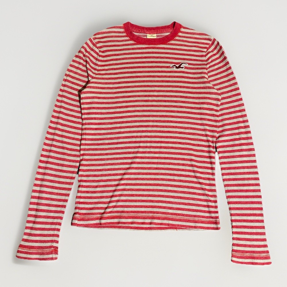 Vintage Y2K Hollister Waffle Knit Thermal Shirt Mens Med Red Gray Striped