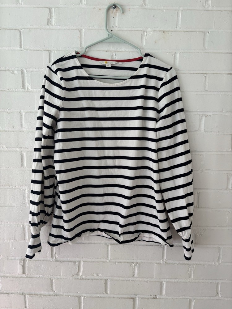Boden Striped Blue White Pullover Top Shirt Cotton Gathered Cuff  US 14 UK 18