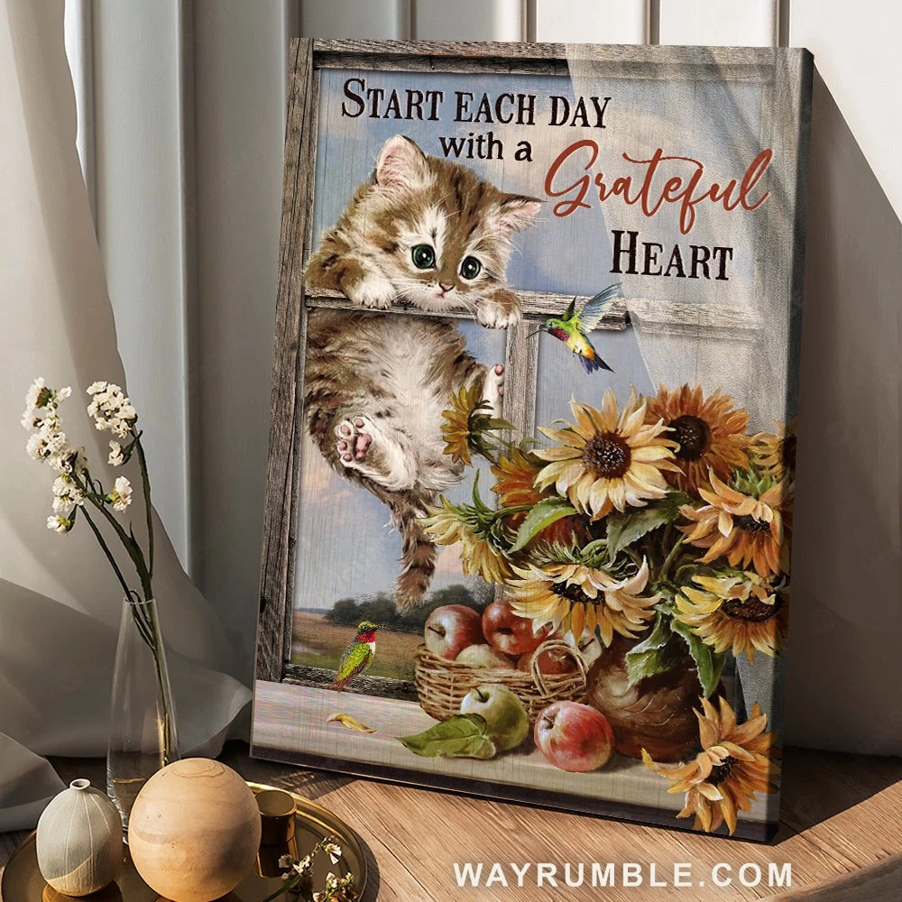 Little Cat Sunflower Hummingbird Art Start Day with Gratitude