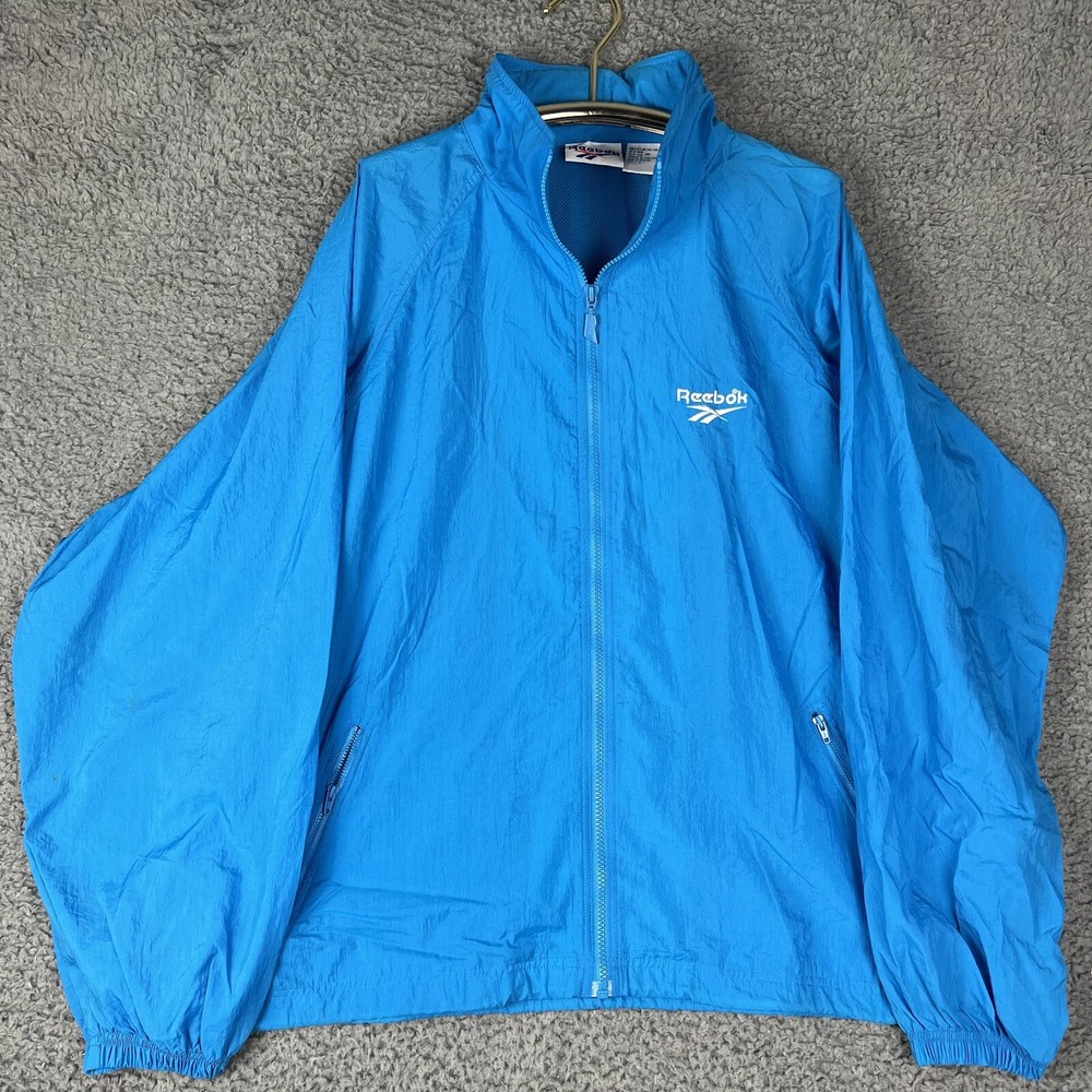 VTG 90s Reebok Nylon Loose Fit Windbreaker Blue Full Zip Mens Sz L Hood Included