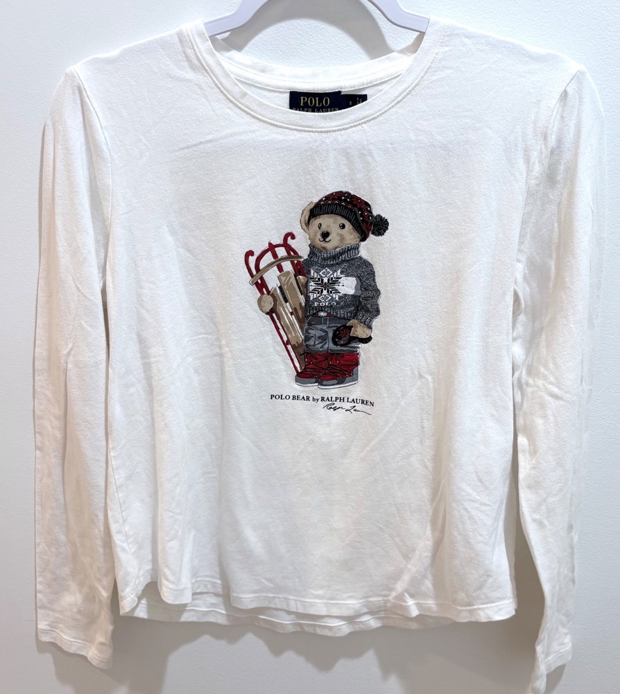 Polo Bear Ralph Lauren Women’s Crew Neck White Cotton Ski Bear T-Shirt Small