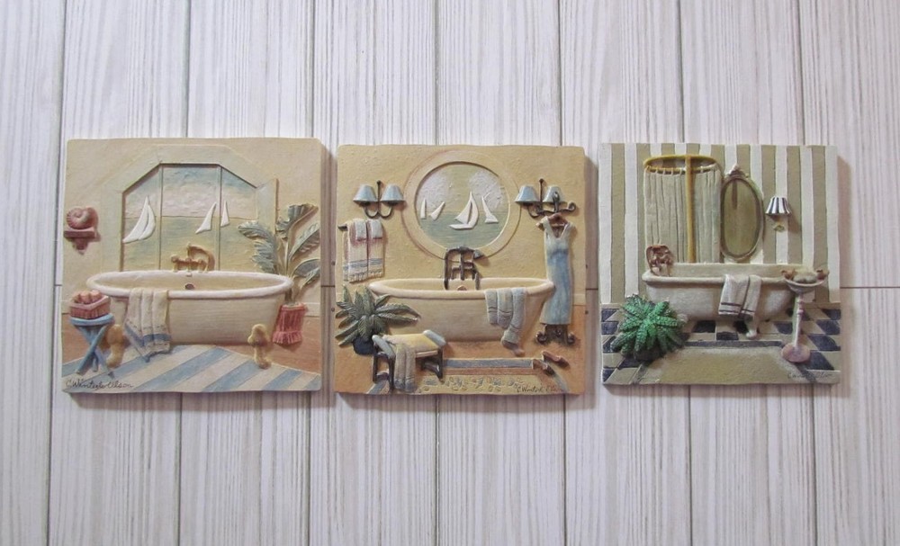 C Winterle Olson Bath Bathroom Wall Art Tile Plaques 3D Resin Set Of 3 Decor