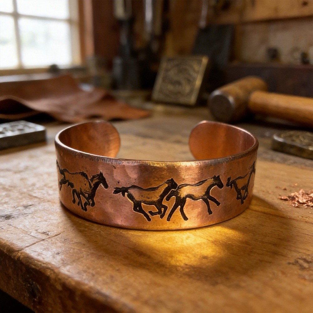 Handcrafted Copper Ethically Sourced Galloping Horses Cuff Bracelet ...Ship Free