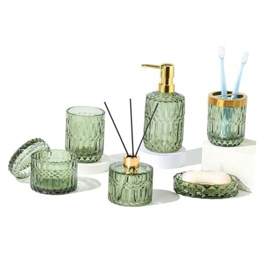HJ Glass Bathroom Accessories 7-Piece Set in Green for Soap and Lotion