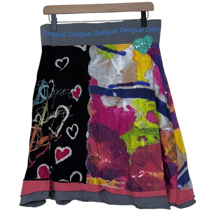 Desigual Y2K Medium Patchwork Abstract Funky Art to Wear Skirt Sequins Graffiti-image