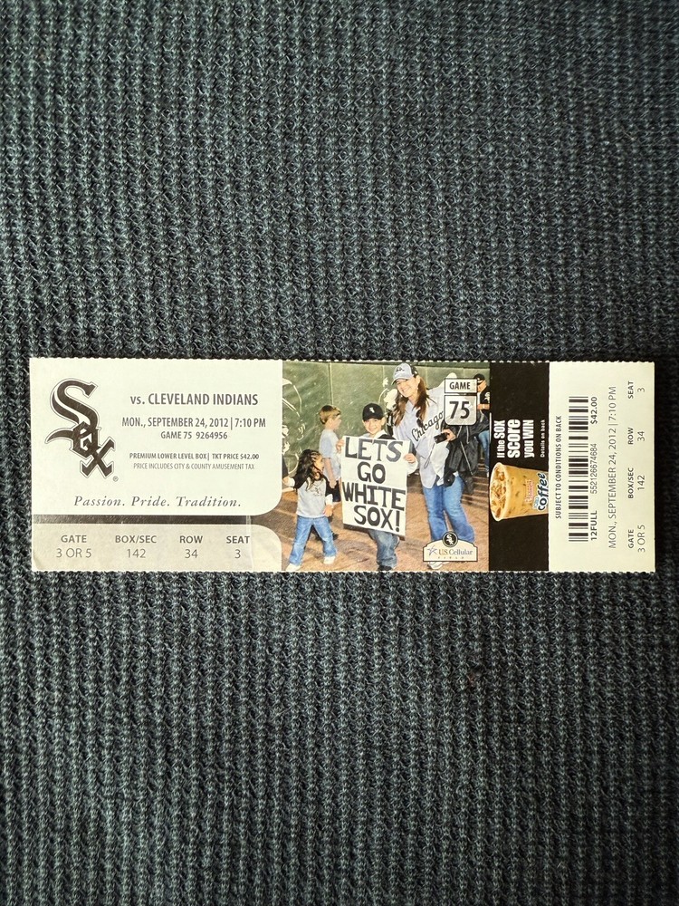 Chicago White Sox Vs Cleveland Indians Sept 24, 2012 Full Ticket Home Game